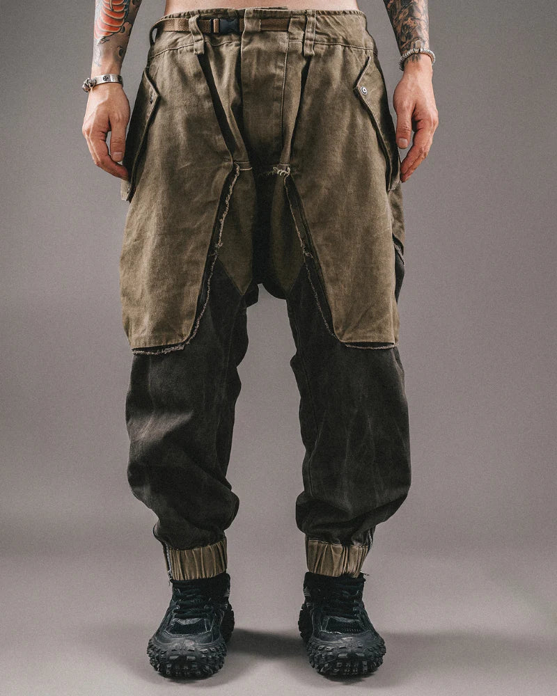 Wasteland Style Color-Blocked Drawstring Zipper Cargo Pants