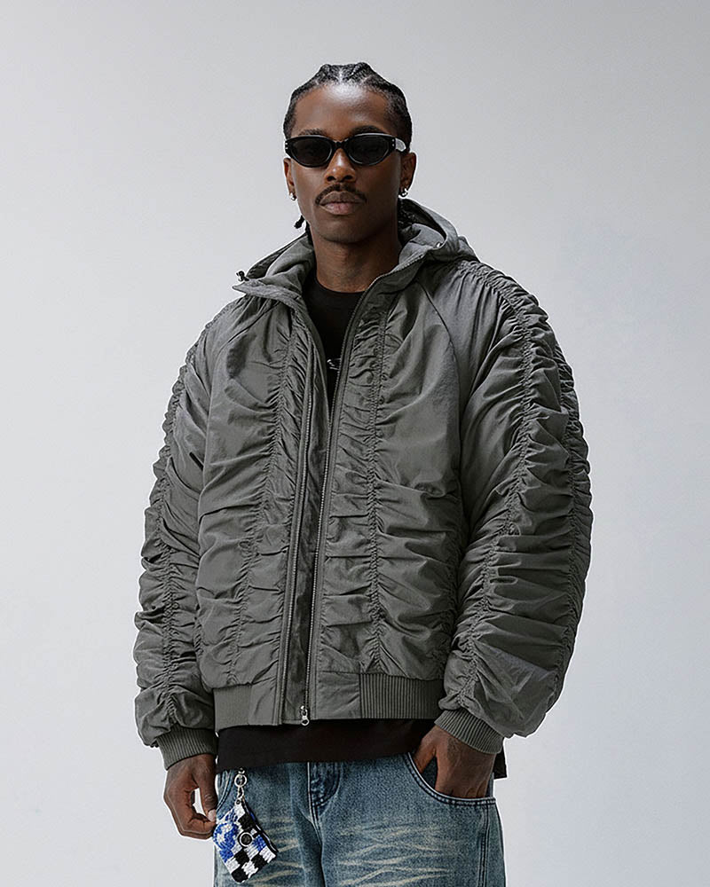 Ruched Nylon Hooded Bomber