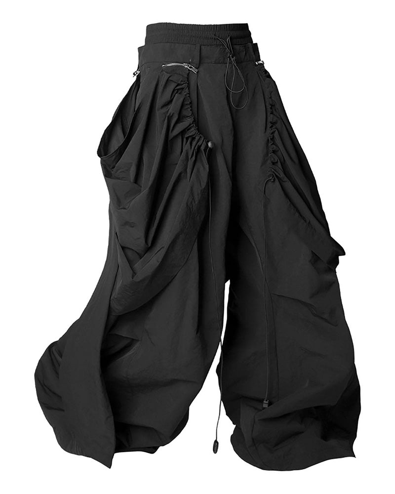 Drawstring Layered Double-Waistband Parachute Pants Black