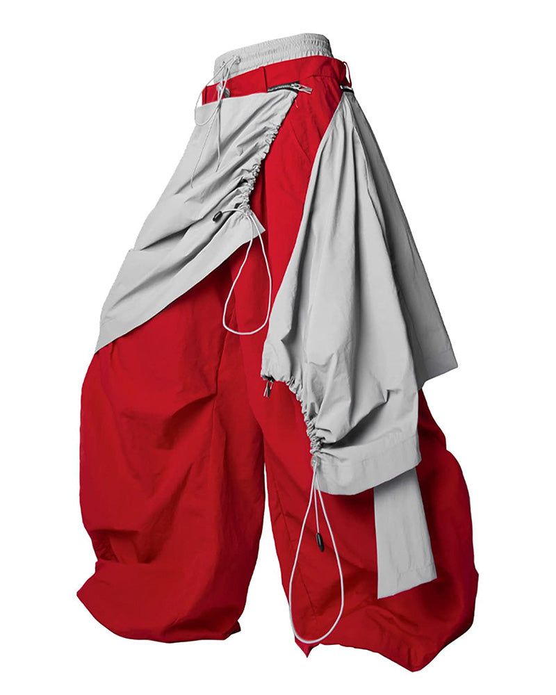 Drawstring Layered Double-Waistband Parachute Pants Red