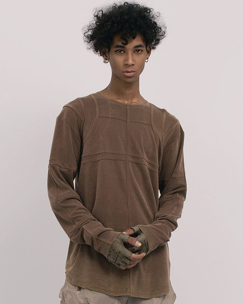 Washed Paneled Crew Neck Long-Sleeve Tee
