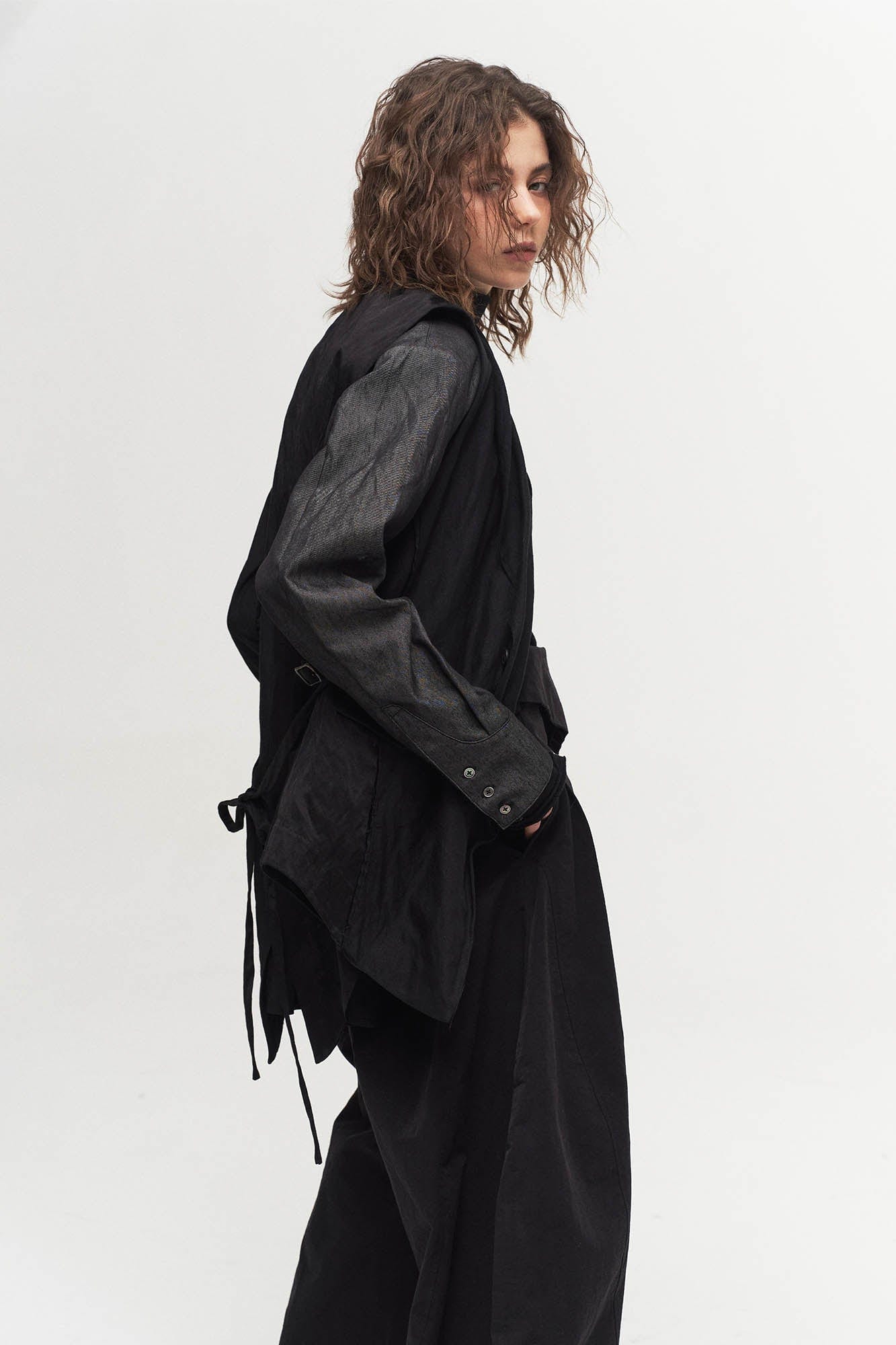 Asymmetrical Shawl Collar Belted Crinkled Vest