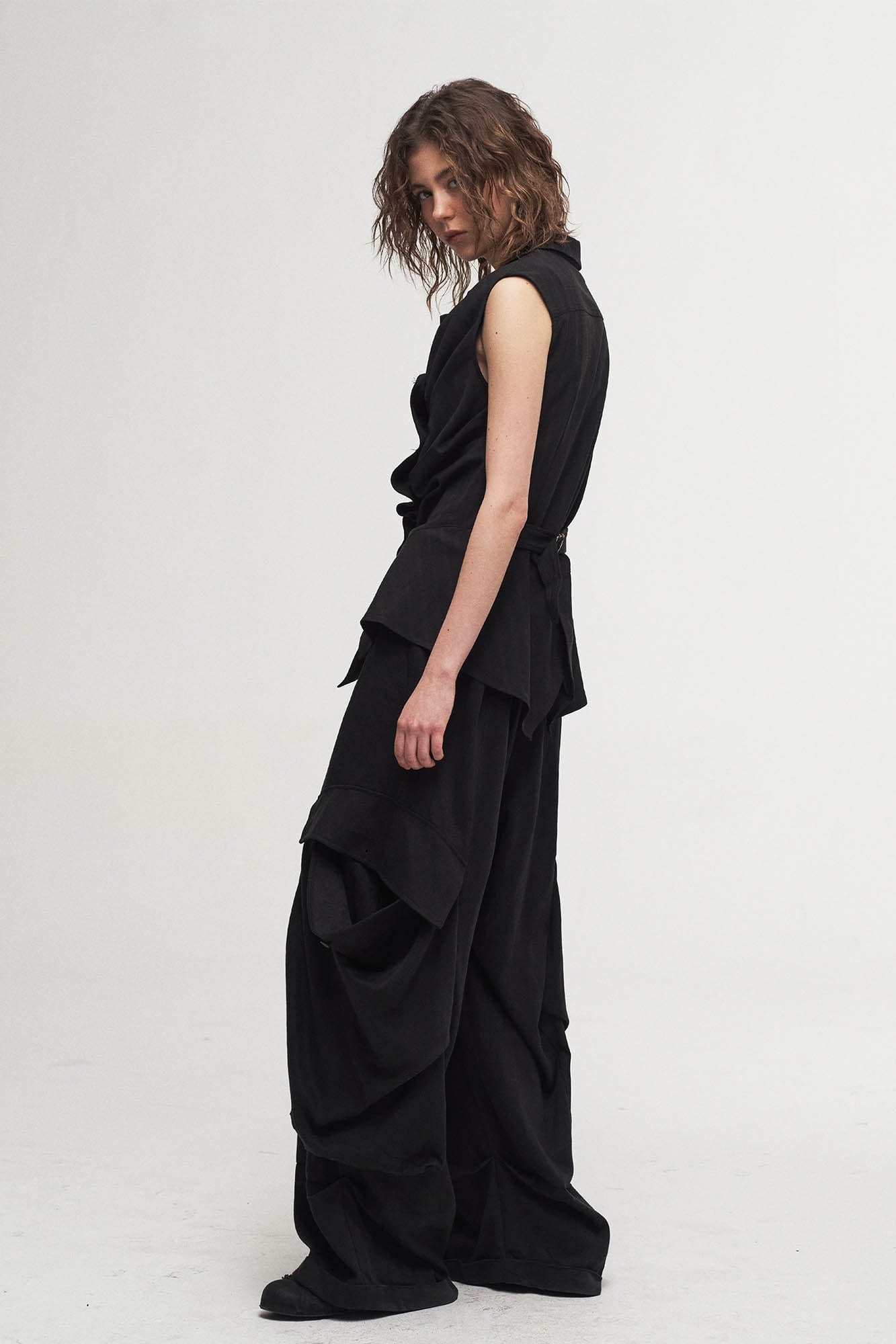 Draped Big-Pocket Wide-Leg Cargo Pants
