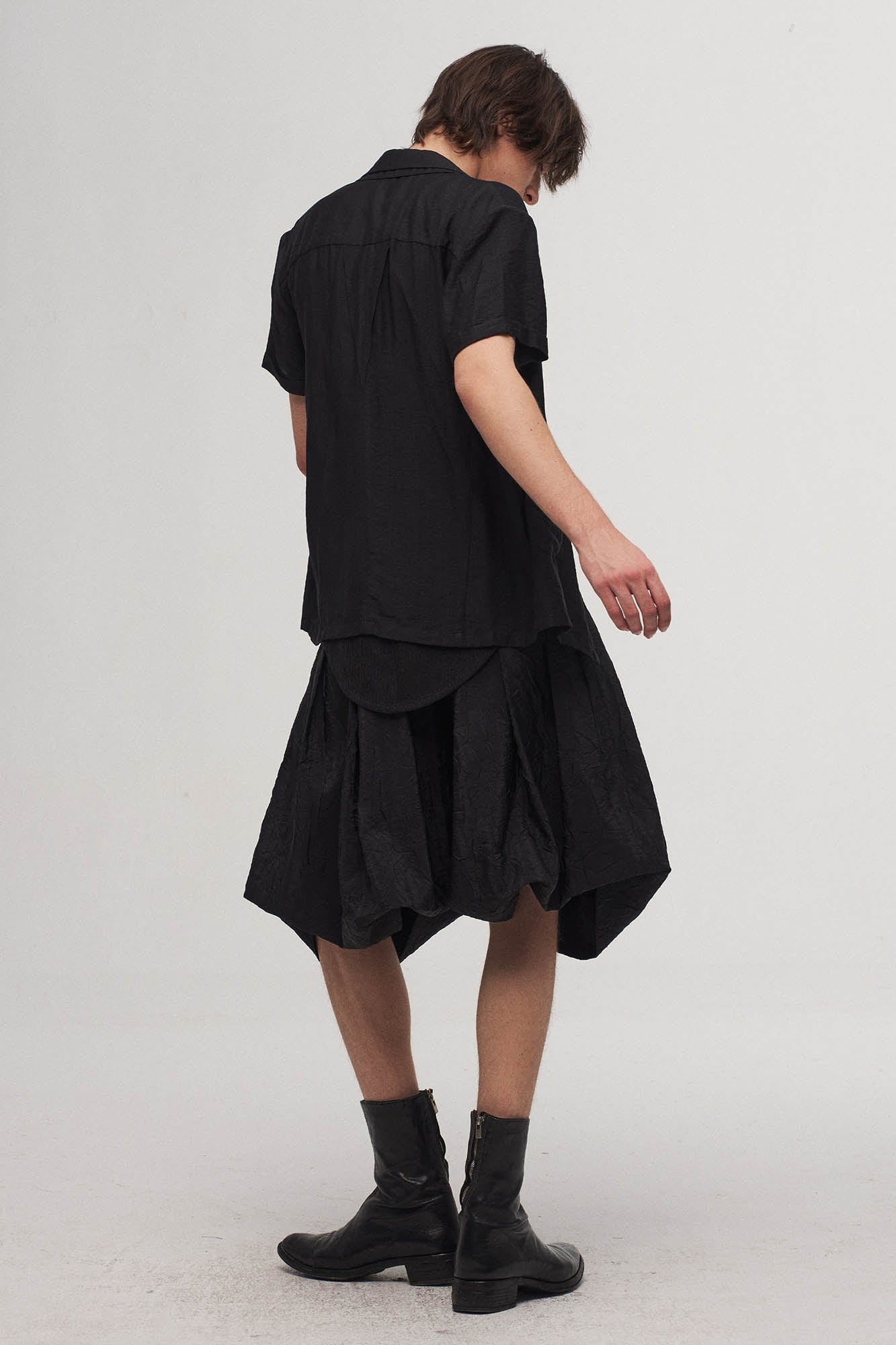 Stripe Crinkled Spliced Layered Collar T-Shirt Black