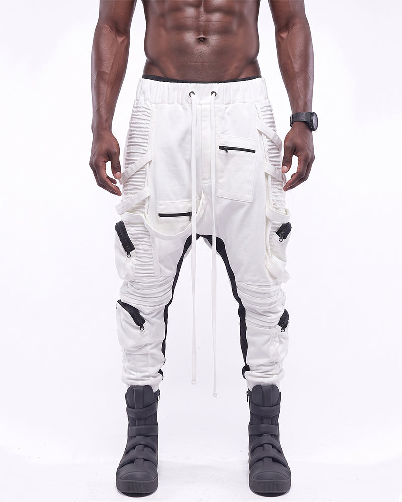 Dystopian Ruched Contrast Drop‑Crotch Cargo Pants