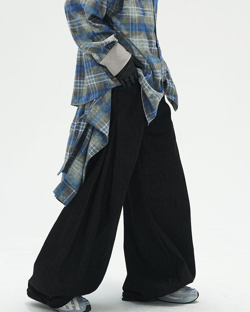 Detachable Plaid Flap Panel Wide-Leg Pants