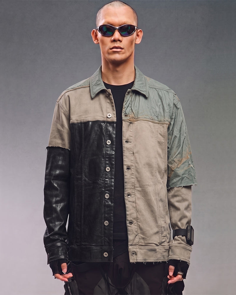 Post‑Apocalyptic Waxed Patchwork Deconstructed Denim Jacket