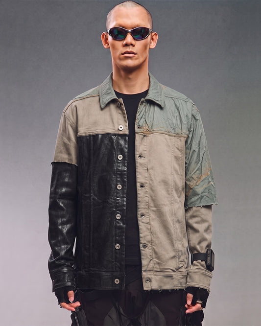 Post‑Apocalyptic Waxed Patchwork Deconstructed Denim Jacket