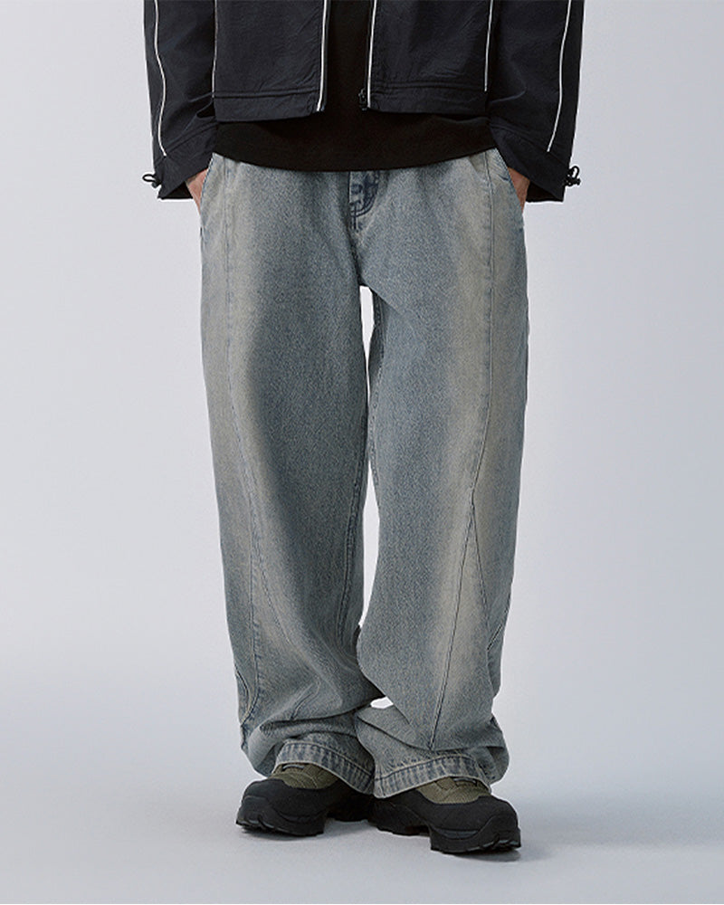 Washed Panel Adjustable-Hem Denim Pants