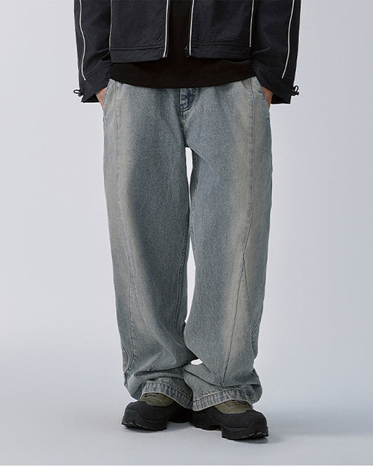 Washed Panel Adjustable-Hem Denim Pants