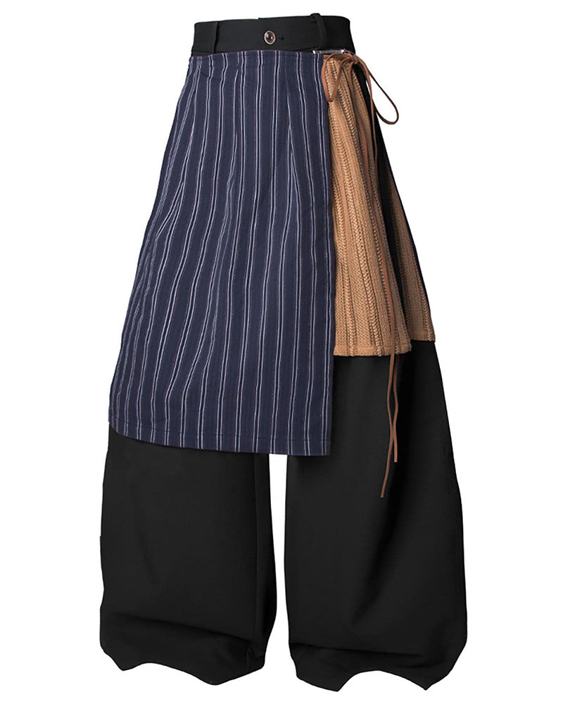 Layered Striped Apron Wide-Leg Pants