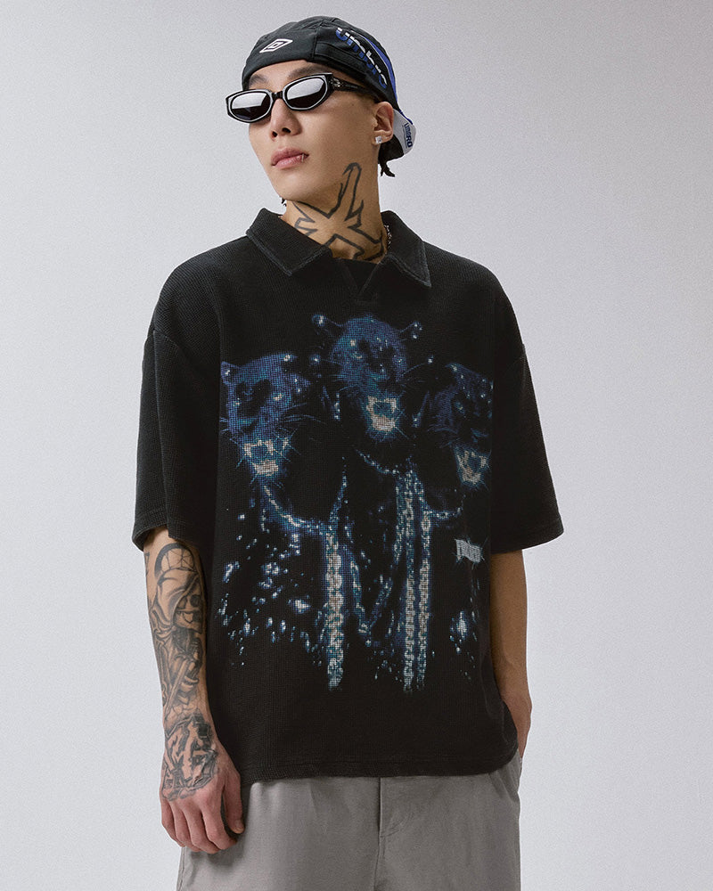 Washed Vintage Waffle Knit Polo T-Shirt