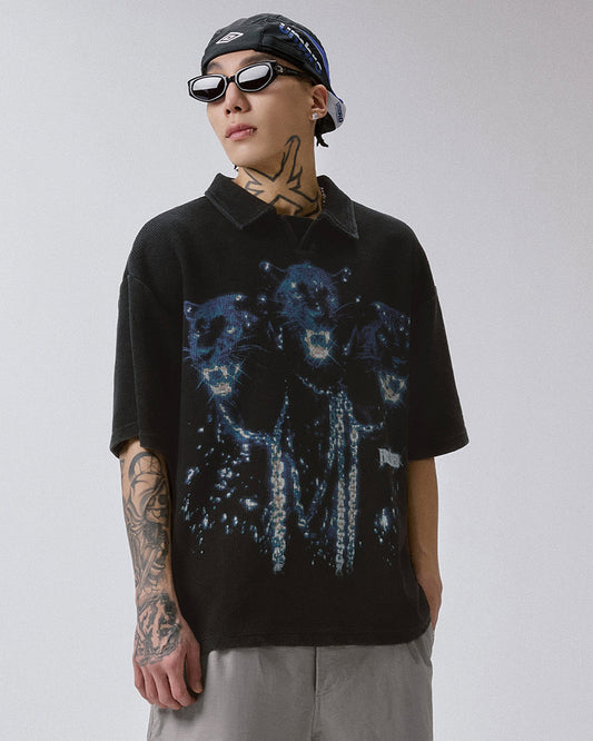 Washed Vintage Waffle Knit Polo T-Shirt