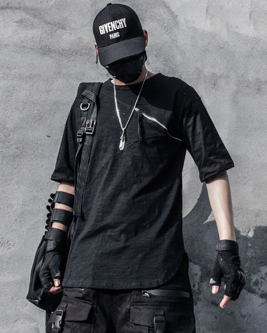 Diagonal Zip Distressed Techwear T-Shirt