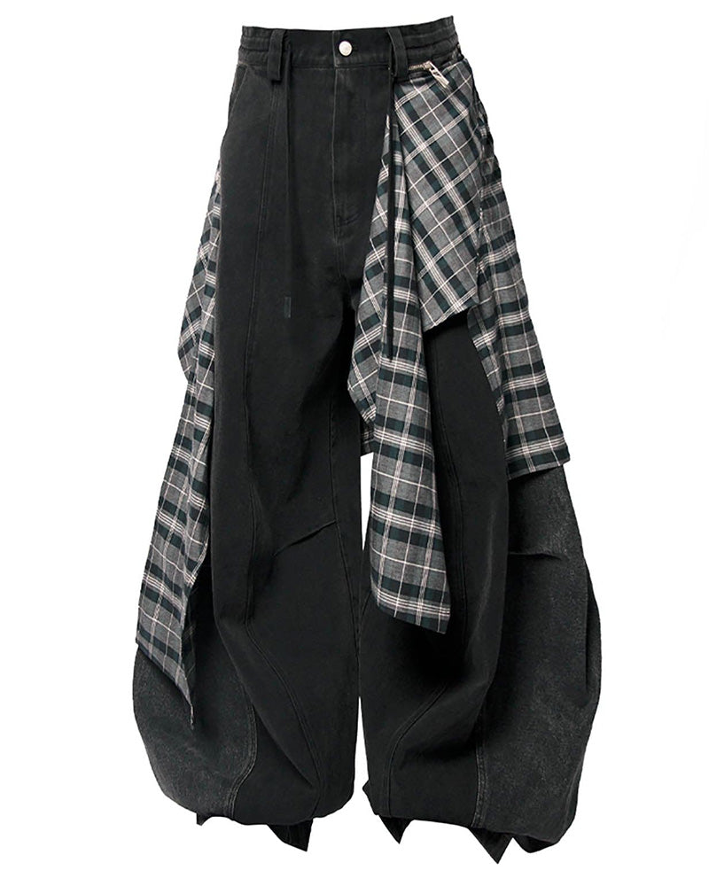 Detachable Plaid Back Flap Spliced Jeans