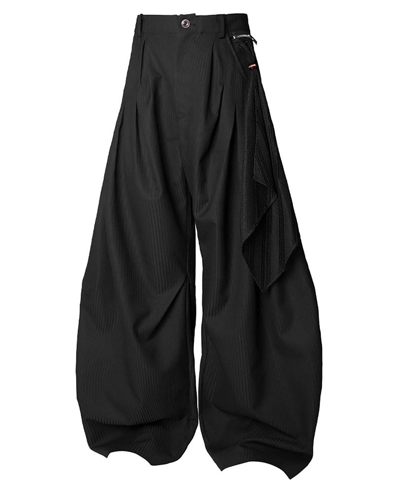 Pinstriped Detachable-Scarf Oversized Pants Black