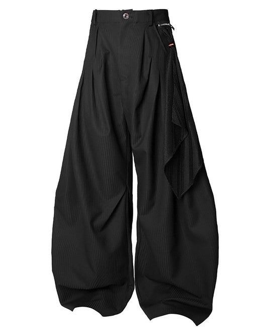 Pinstriped Detachable-Scarf Oversized Pants Black