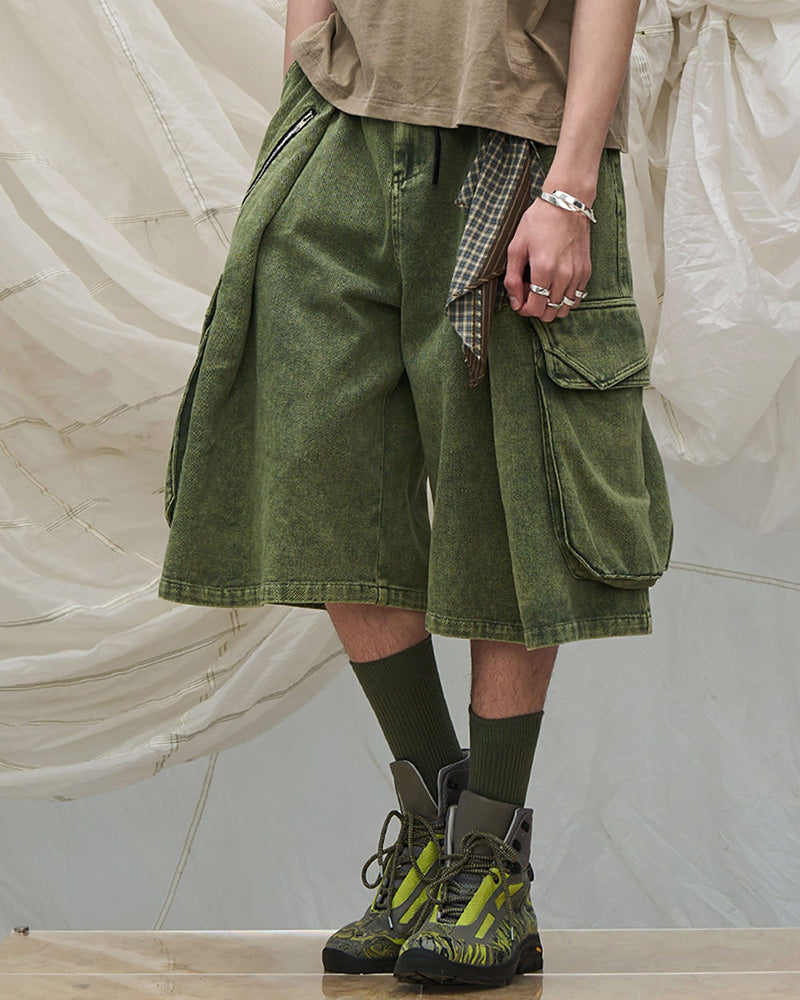 Detachable Scarf Washed Multi-Pocket Wide-Leg Shorts Green