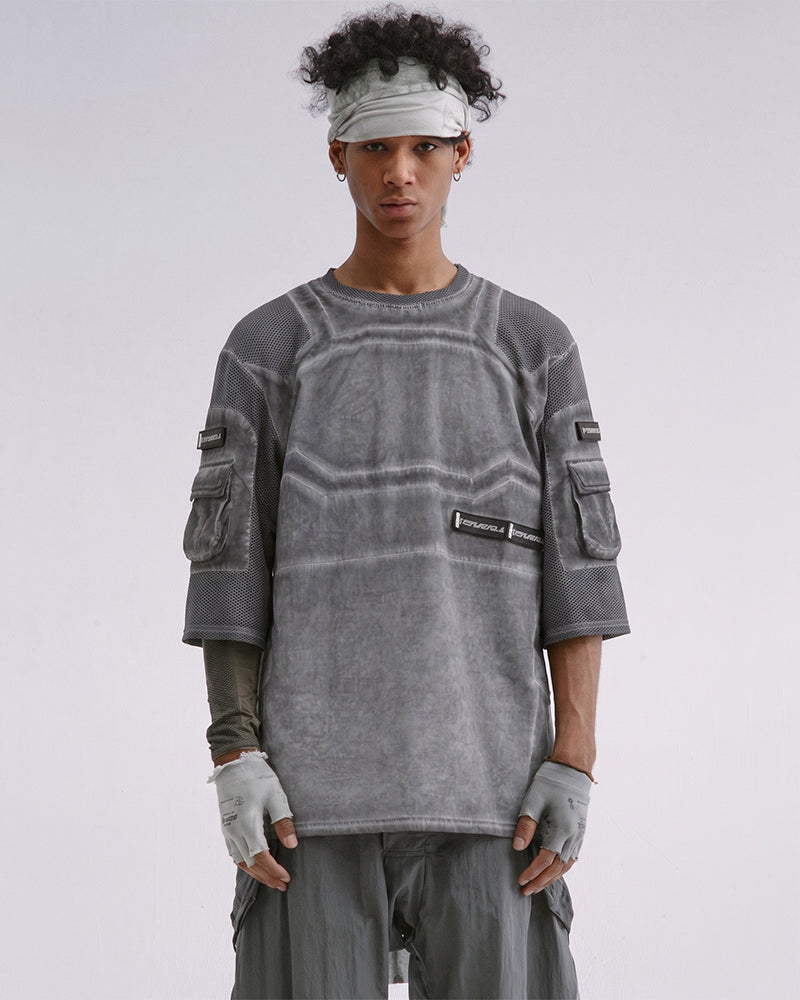 Post-Apocalyptic Dirty-Dye Mesh Velcro Pocket T-Shirt