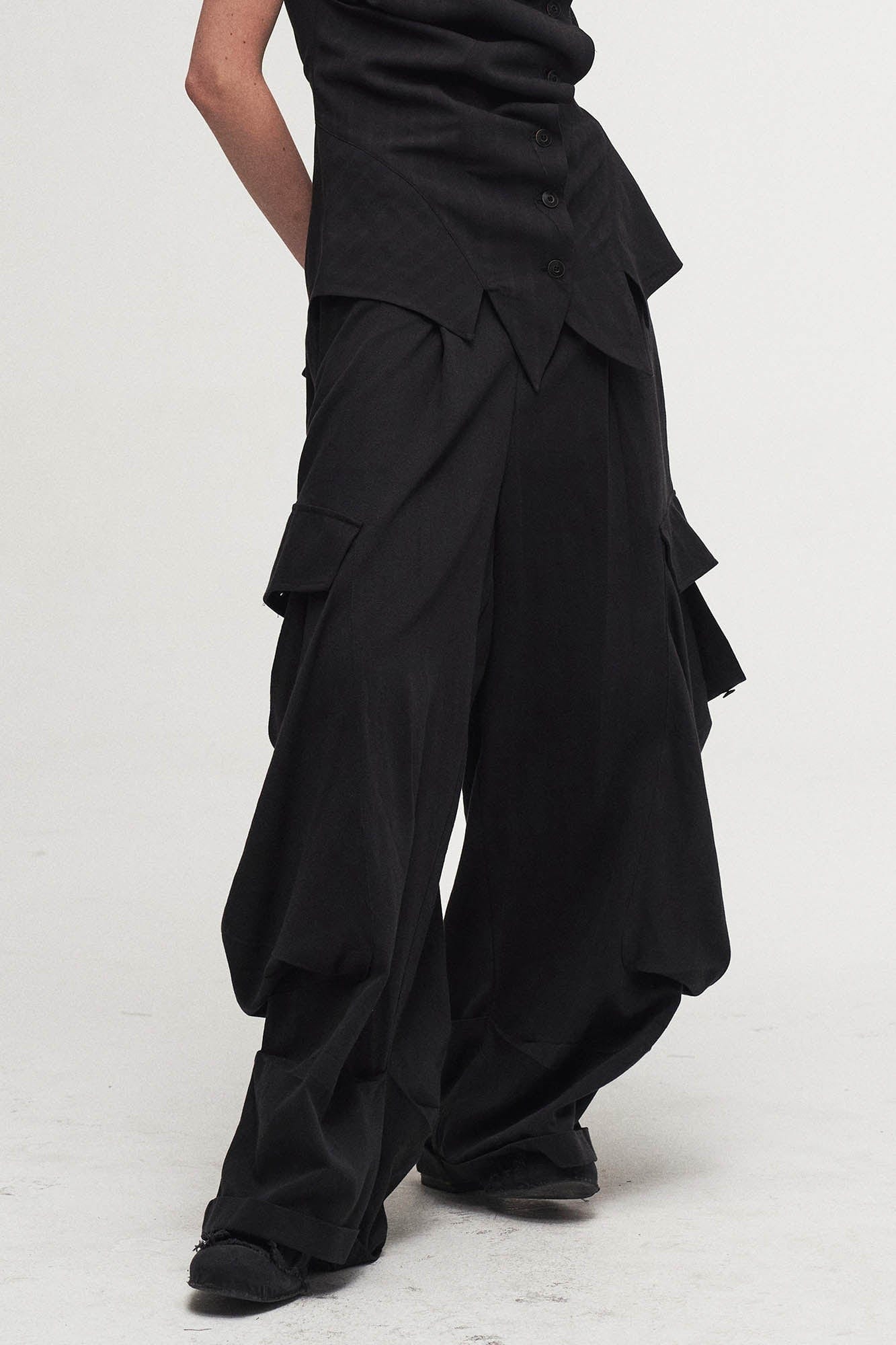Draped Big-Pocket Wide-Leg Cargo Pants