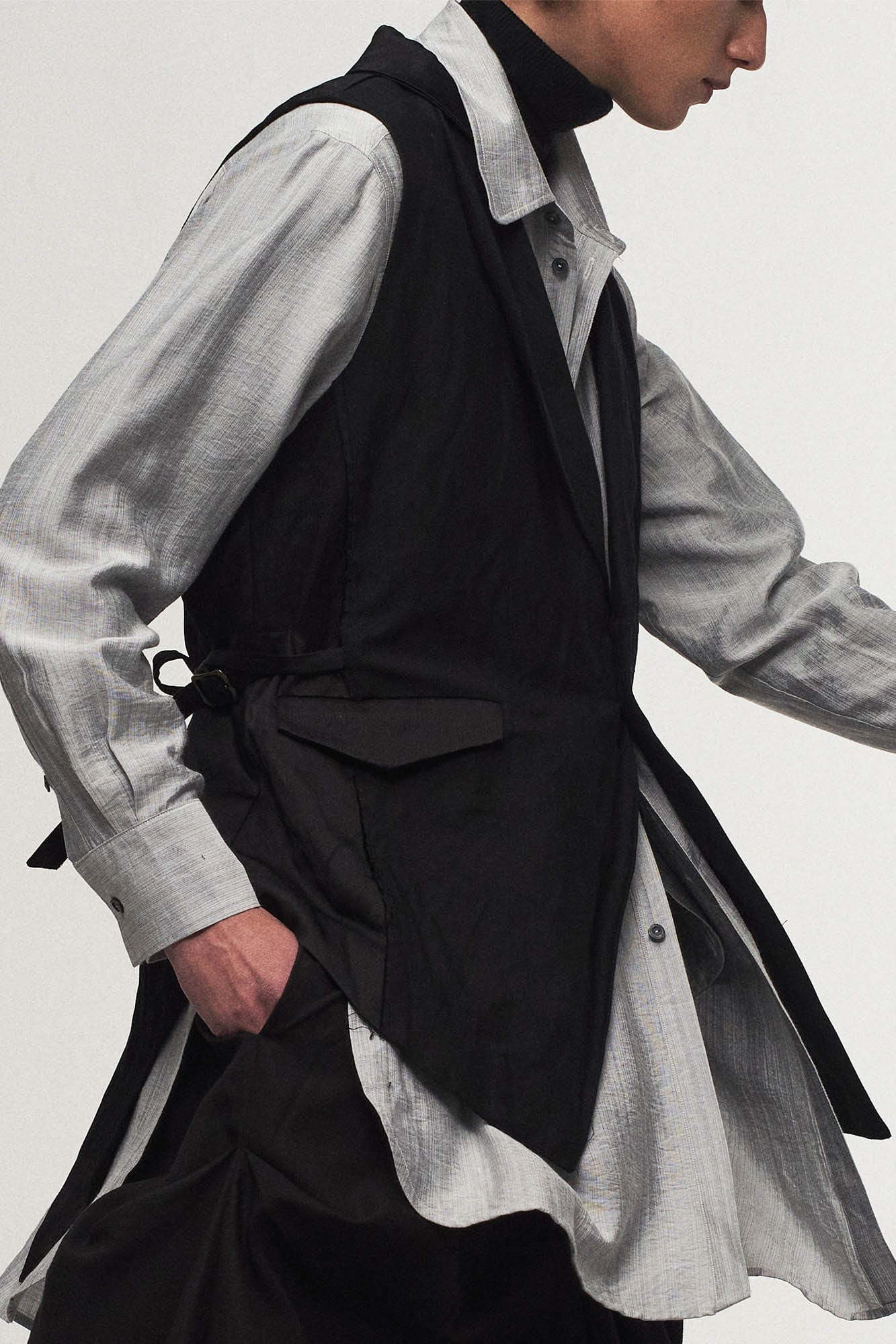 Asymmetrical Shawl Collar Belted Crinkled Vest