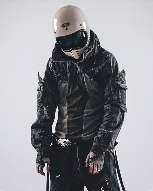 Post-Apocalyptic Hooded Mesh Color-Block Cape Jacket