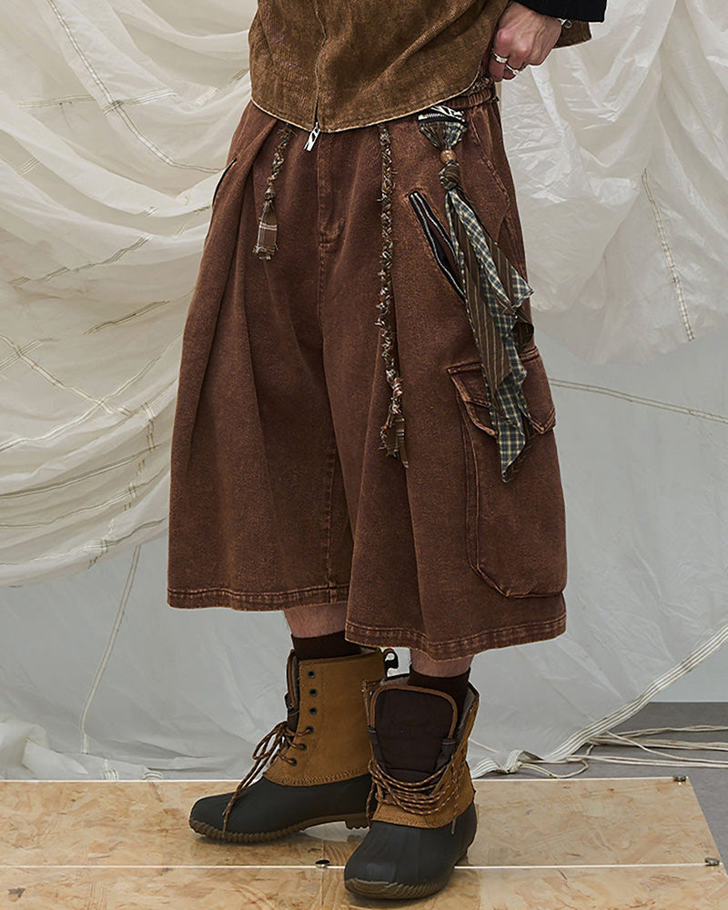 Detachable Scarf Washed Multi-Pocket Wide-Leg Shorts Brown