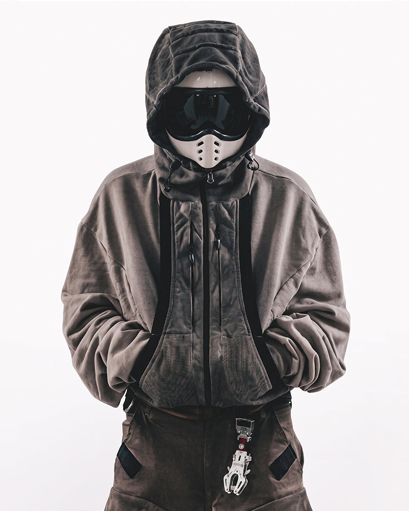 Washed Distressed Cropped Zip-Up Hoodie