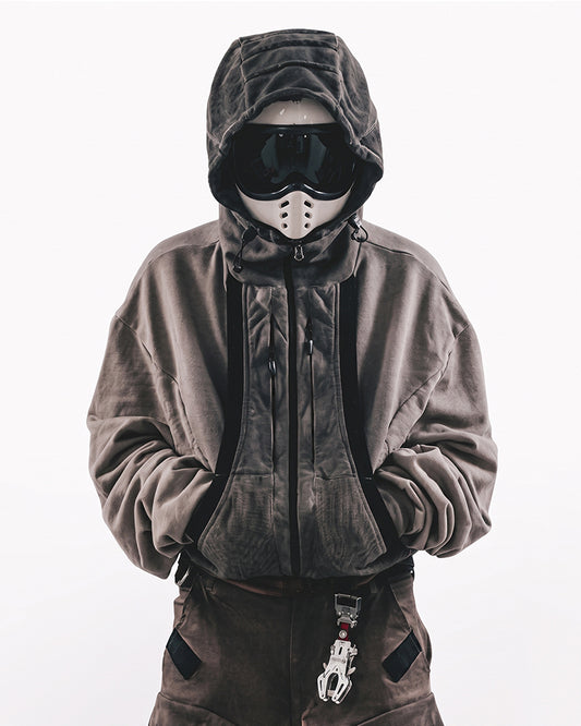 Washed Distressed Cropped Zip-Up Hoodie