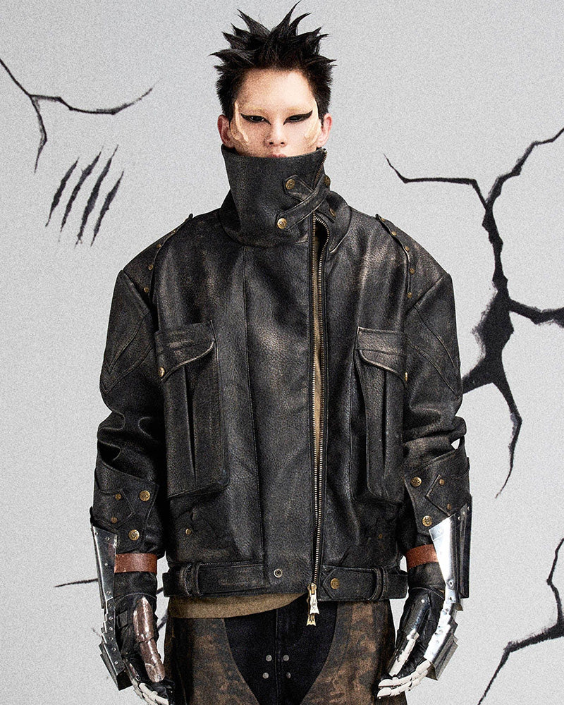 Mutation Knight Armor Distressed High-Collar Faux Leather Jacket
