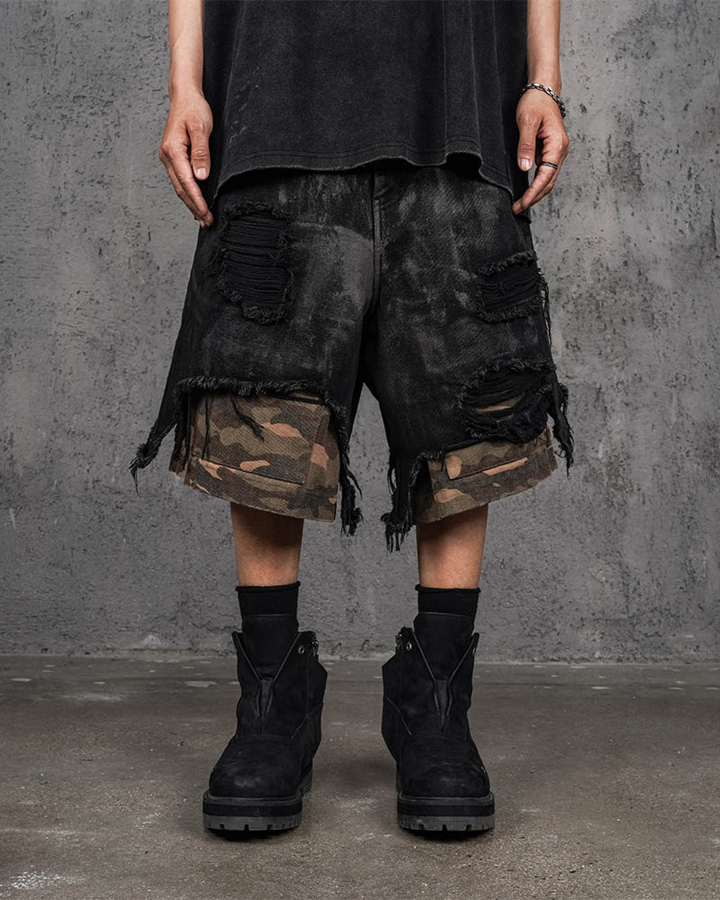 Double-Layered Ripped Camo Shorts Black