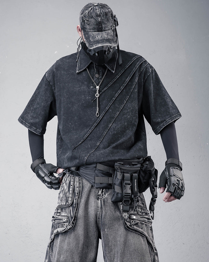 Washed Black Asymmetric Deconstructed Polo Shirt