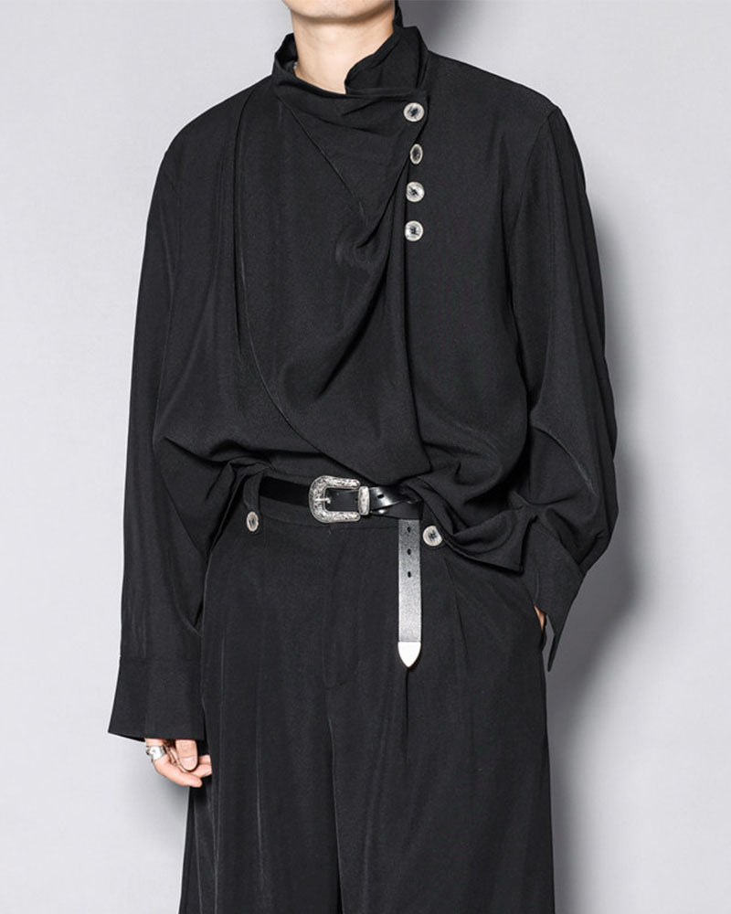 Modern Japanese Half-Stand Draped Collar Long-Sleeve Shirt