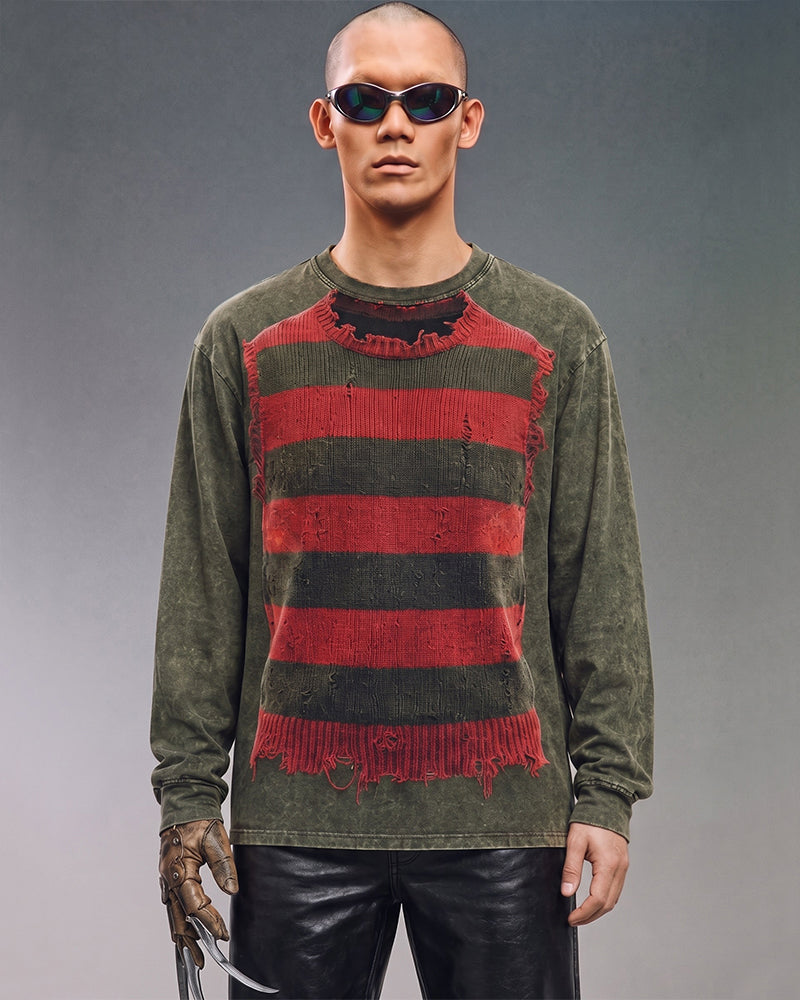 Wasteland Distressed Knit Print Long Sleeve Tee