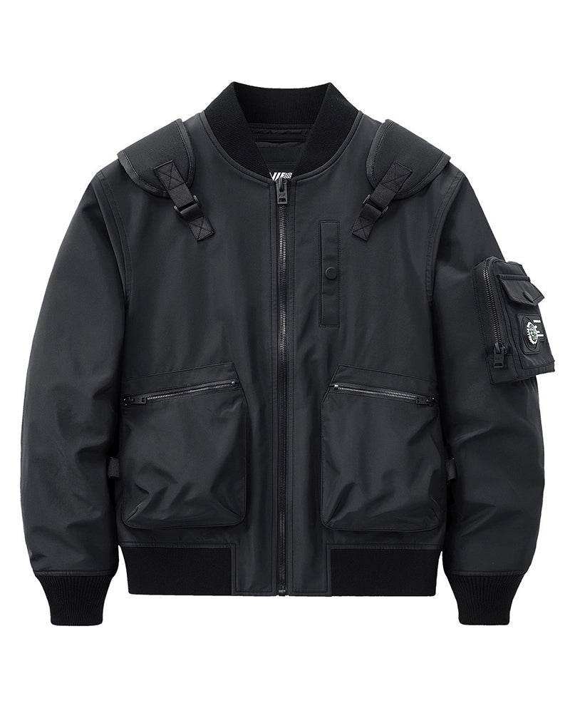 Functional Fake Two Piece Backpack Bomber Jacket