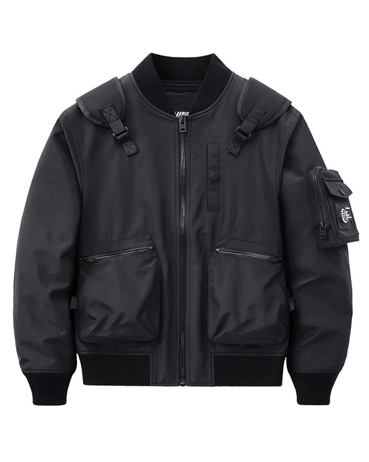 Functional Fake Two Piece Backpack Bomber Jacket
