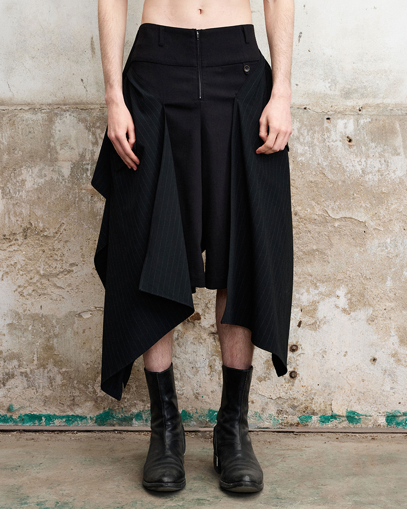 Asymmetric Draped Panel Pinstripe Skort Shorts
