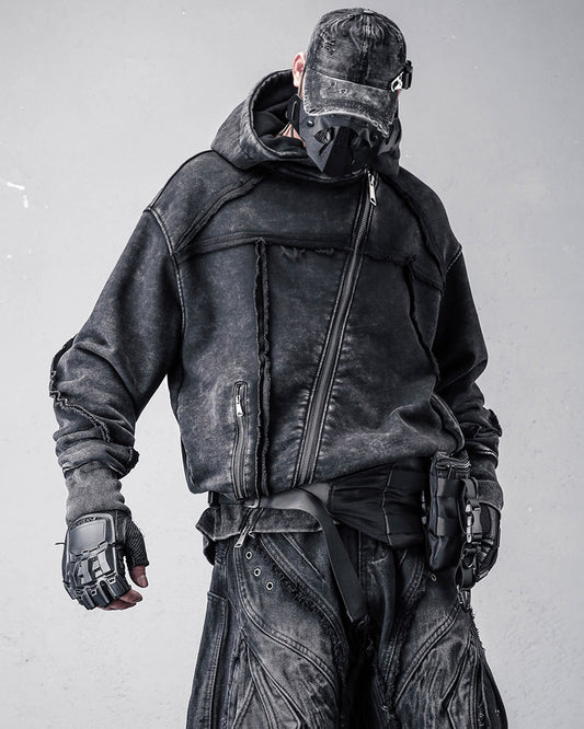 Washed Distressed Asymmetric Zip Techwear Hoodie