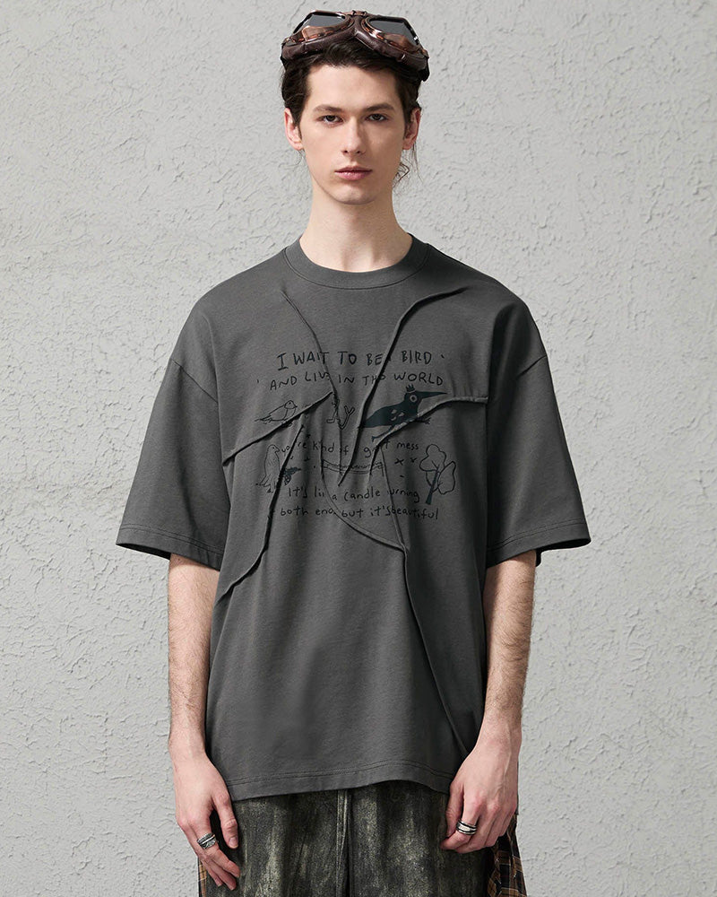 Asymmetrical Pleated Script Graphic T-Shirt