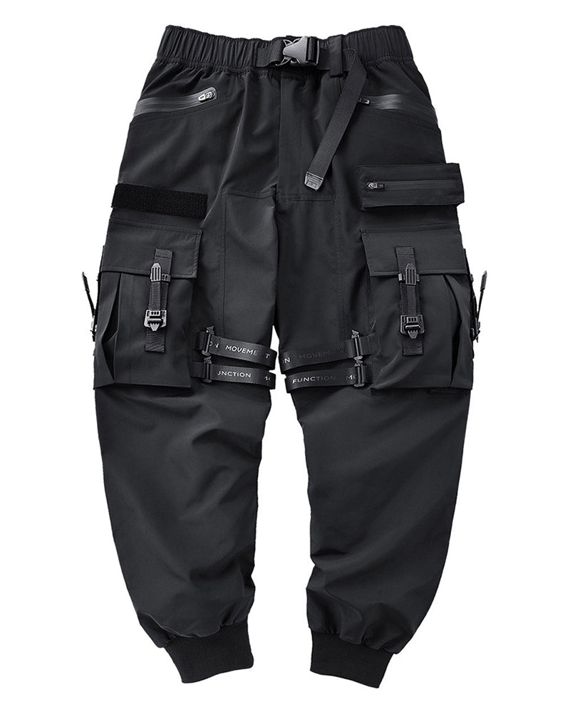 Functional Ribbon Pocket Black Cargo Pants