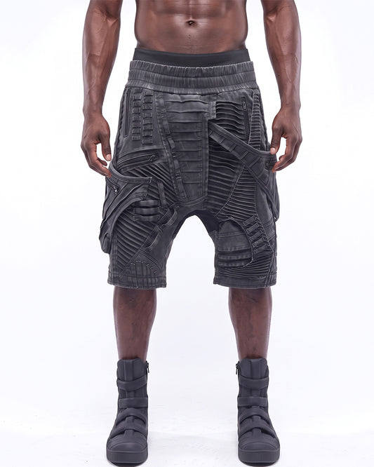 Wasteland Asymmetric Pleated Multi-Zip Drop-Crotch Shorts