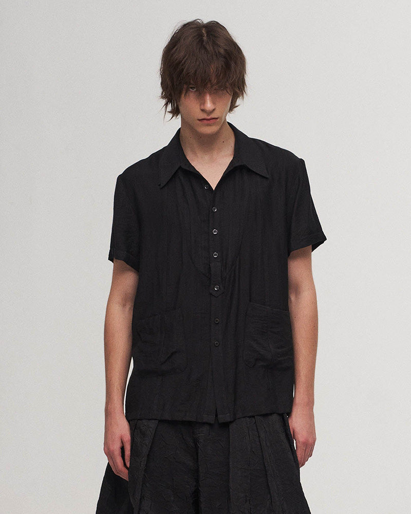 Stripe Crinkled Spliced Layered Collar T-Shirt Black