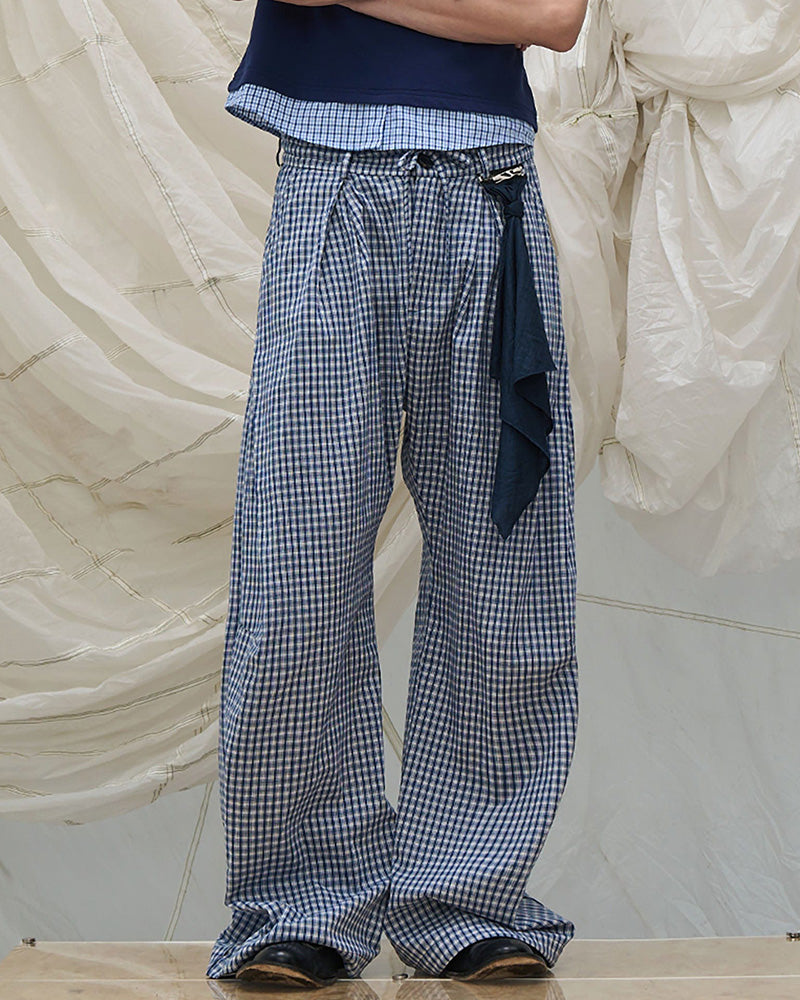 Detachable Scarf Grid Pleated Pants