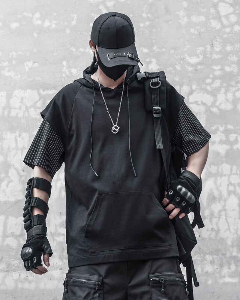 Layered Pinstripe Hooded Techwear T-Shirt