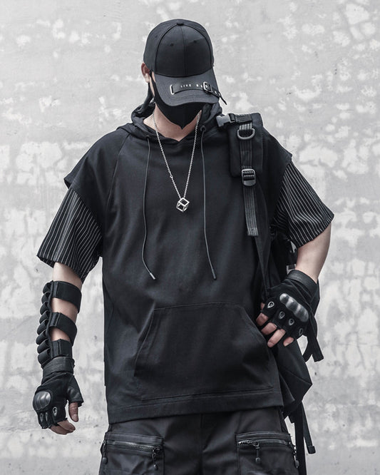 Layered Pinstripe Hooded Techwear T-Shirt