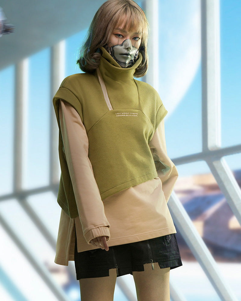 Cyberpunk Outfits Layered Fleece-Lined High-Neck Sweatshirt