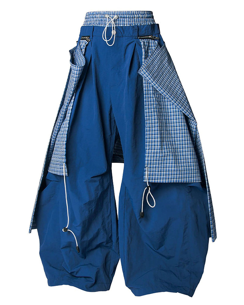 Drawstring Layered Double-Waistband Parachute Pants Blue