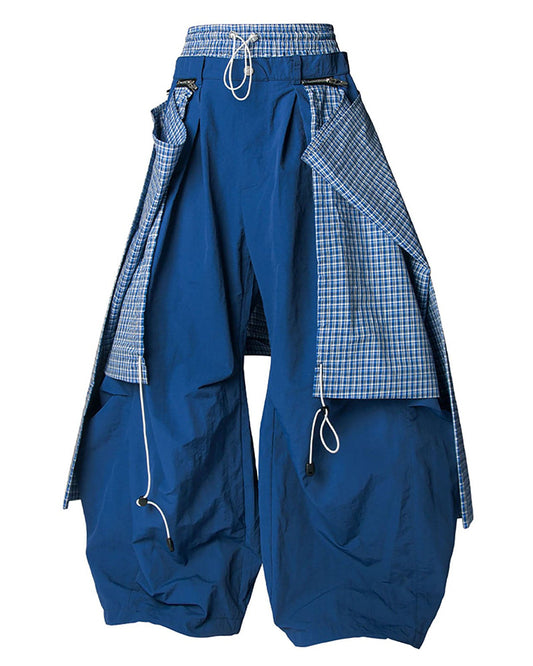 Drawstring Layered Double-Waistband Parachute Pants Blue