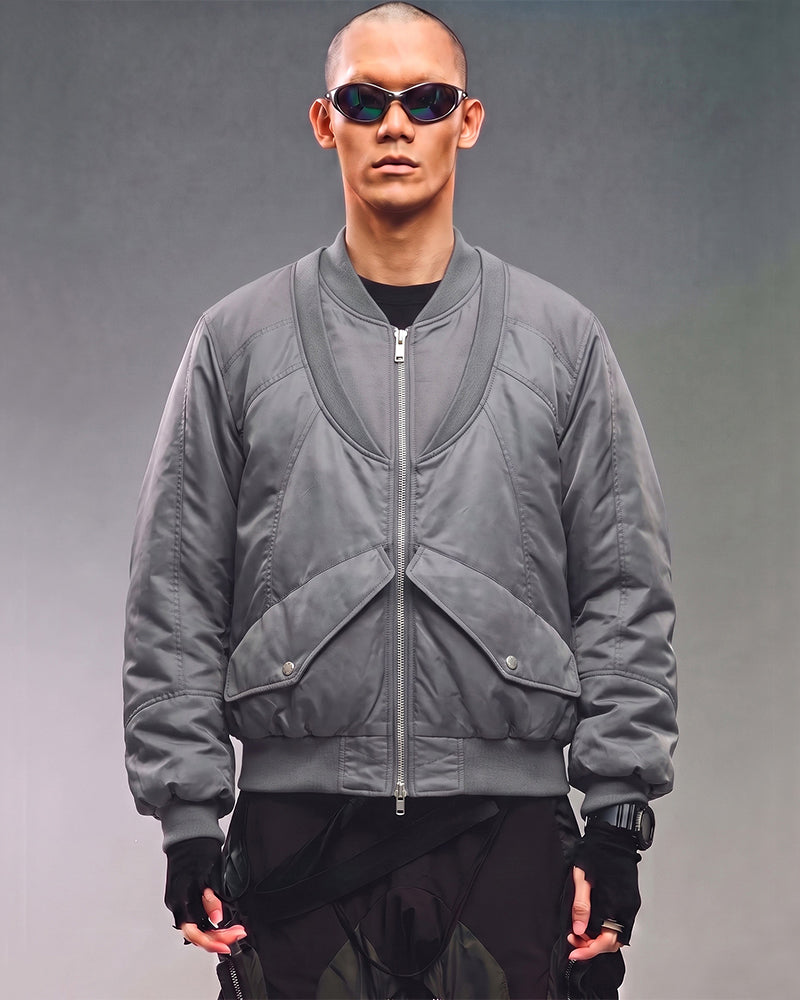 Deconstructed Double Collar Layered Paneled Bomber Jacket