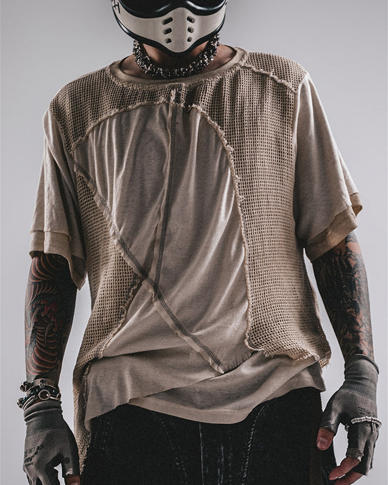 Wasteland Wear Distressed Dual-Layer Mesh Patchwork T-Shirt